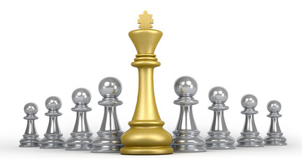 The Golden Chase King stands with the silver pawns. Business leadership concept. 3d illustration.