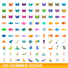 Fototapeta na wymiar 100 summer icons set. Cartoon illustration of 100 summer icons vector set isolated on white background