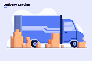 Flat illustration of Delivery service with truck, Freight delivery service, Delivery home and office, City logistics, Warehouse, truck, courier, Movers loading parcel package box. 