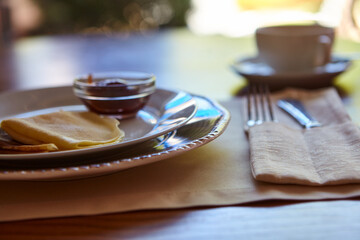 Pancakes With Honey And Tea. Tasting traditional Russian cuisine