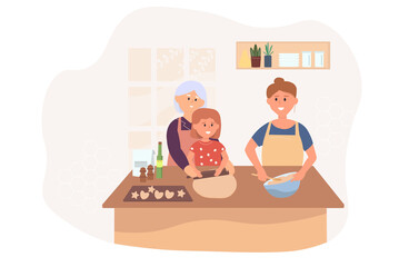 happy mother daughter, grandmother cook in the kitchen, make dough, bake cookies. The concept of home isolation during a pandemic, a  family together. Vector