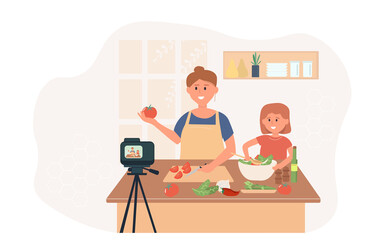 Female blogger mother
 records on the camera the process of cooking meals from home with the child. Recipe for a healthy salad. Hobbies and freelancing during quarantine. Vector
