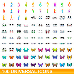 100 universal icons set. Cartoon illustration of 100 universal icons vector set isolated on white background