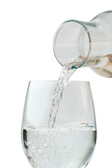 Pouring water. pouring drinking water from a glass decanter to glass.