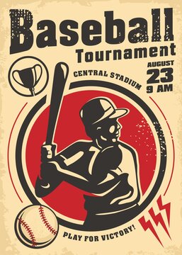 Baseball tournament vintage poster design with baseball player holding a bat and ball. Sports and recreation old artistic flyer template. Vector image.