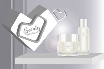 Beauty product ad design, white cosmetic containers with valentine concept background ready to use, luxury skin care banner, illustration vector.