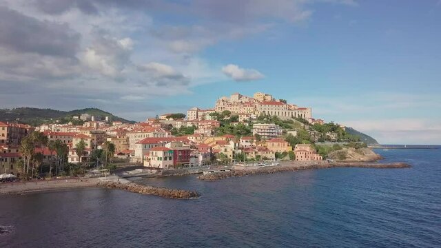 Imperia Porto Maurizio, Borgo Prino historical town aerial view. Liguria, Mediterranean sea, Italy. Ligurian sea.