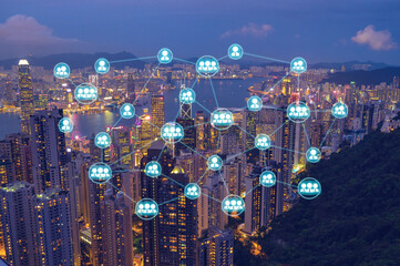 Wireless networking diagram over cityscape at night that represent the internet communication in worldwild.