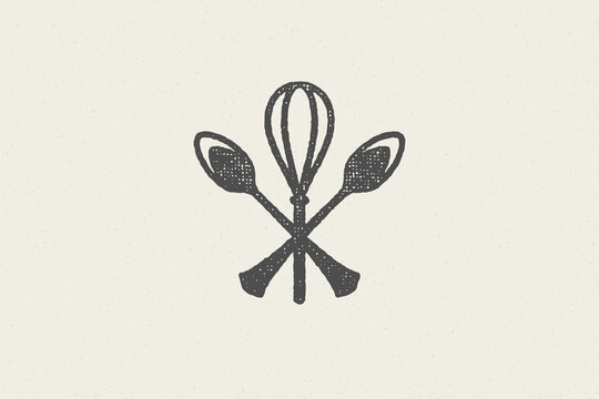 Silhouette of spoons and whisk crossed together symbol for cooking hand drawn stamp effect vector illustration.