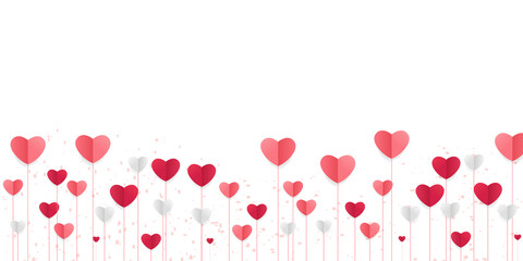Fototapeta na wymiar Valentine's day seamless background for social media advertising, invitation or poster design with paper art cut heart shapes and clouds. Vector illustration