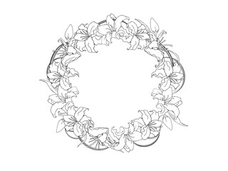 ゆりの花とミスカンサスの丸いフレーム_線画