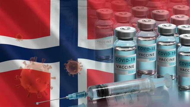 Norway to launch COVID-19 vaccination campaign. Coronavirus vaccine vials, Covid 19 cells and flag of Norway. Fighting the epidemic. Research and creation of a vaccine. Seamless loop video.