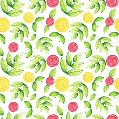 Watercolor hand drawn bright leaves an flowers seamless pattern. Colorful floral print on white background for textile, fabric, wallpaper, wrapping paper and decoration.