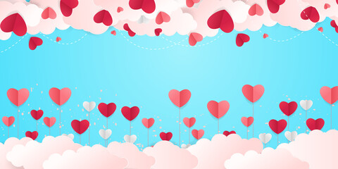 Horizontal banner with paper cut clouds and flying hearts in blue sky, papercut craft art. Place for text. Happy Valentines day sale concept, voucher template with square frame.