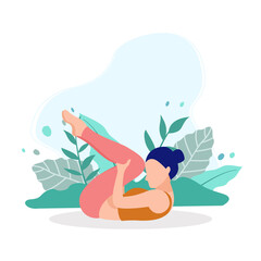 Young girl doing yoga in a park on white background. Vector illustration in flat cartoon style.