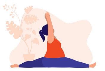 Fat Woman Doing Yoga. Fitness And Health Concept. Vector Illustration Flat Cartoon. Fat Woman Doing A Full Body Stretching.