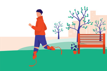 Young Man With Prosthetic Leg Jogging In The Park. Adaptive Technology Concept. Vector Illustration Flat Cartoon. Athlete Man Doing Exercise.
