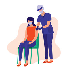 Nurse In Protective Face Shield And Mask Injecting Covid-19 Vaccine Into The Woman Upper Arm. Coronavirus Vaccination Concept. Vector Illustration Flat Cartoon. Patient Receives Covid-19 Vaccine.