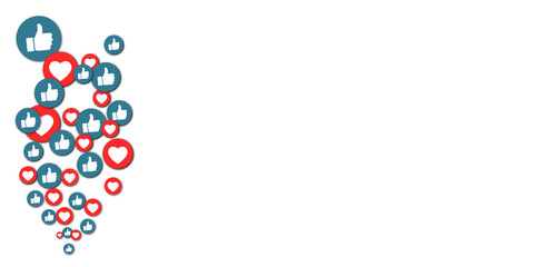 background with hearts and thumbs up in the form of social media icons.