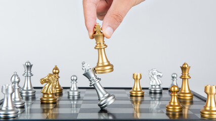 Plan leading strategy of successful business competition leader concept, Hand of player chess board...