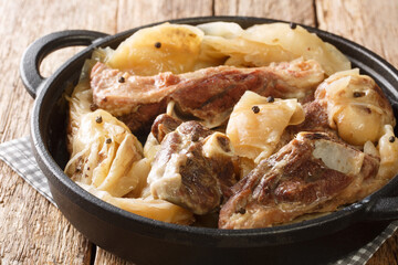lamb and cabbage or known as farikal is Norway's national dish close-up in a pan on the table....