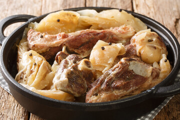 Farikal Norwegian Lamb and Cabbage Stew close-up in a pan on the table. Horizontal