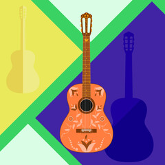 Classic wooden guitar design with floral decoration. Flat illustration. 