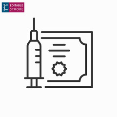 Certificate vaccination line icon on white background. Editable stroke.