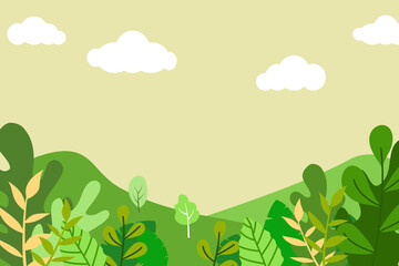 Forest landscape - background for banner, greeting card, poster and advertising. Nature landscape vector illustration. Green hills, bright color yellow sky, background in flat cartoon style.