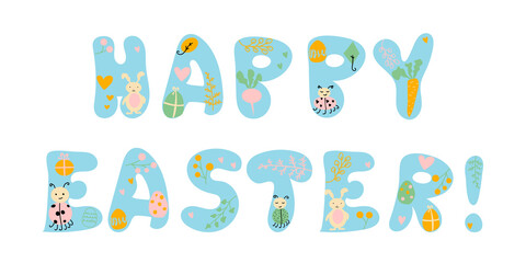 Happy Easter lettering. Vector blue letters with rabbit, eggs, radish and branches, leaves, berries, hearts, beetles. Cartoon style