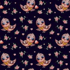 Seamless patterns. Nice bird. Titmouse with a red heart on a black background with hearts and flowers roses. Watercolor. pattern for valentines, print, packaging, decor, wallpaper and design