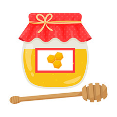 A glass jar of honey and a honey spoon. Sweet food, treats, bee products. The honeycomb on the label. Color vector illustration in cartoon flat style. Isolated on a white background