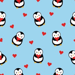 Seamless Pattern with Cute Cartoon Penguin and Heart Design on Blue Background