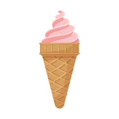 Strawberry pink ice cream in a waffle cone Sweet, fat, high-calorie, unhealthy food, dessert, treat. The symbol of summer. Color vector illustration in cartoon flat style. Isolated on white background