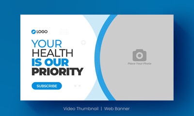 Medical healthcare video thumbnail and editable web banner for hospital live workshop business template. Video cover photo for social media