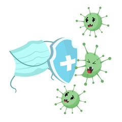 Vector illustration of shield fighting COVID-19, coronavirus. Green Medical Surgical Face Mask, Virus Protection. Vector illustration of mask to fight  or prevent COVID-19, corona virus.