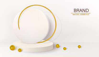 3d white podium cosmetics background. Display 3d illustration for product. Abstract rendering white circle platform with golden ring.