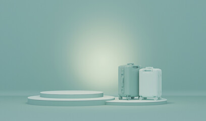 Luggage bag, cabin baggage on pastel blue background, traveling summer concept. Stylish vacation suitcase, pastel colors, tourist background, space for text, 3d render. Tourism conceptual design
