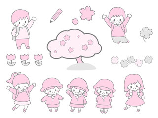幼稚園生と小学生のかわいい子ども達の入園入学など桜の春の手描き風ピンクイラストセット