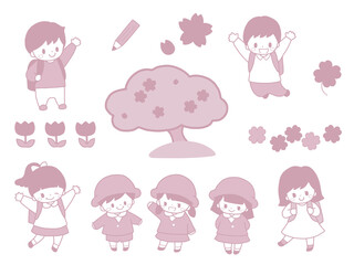 幼稚園生や小学生のかわいい子ども達の入園入学など桜の春の手描き風ピンクイラストセット
