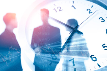 Business times or working hours concept blur office people talking overlay with time clock
