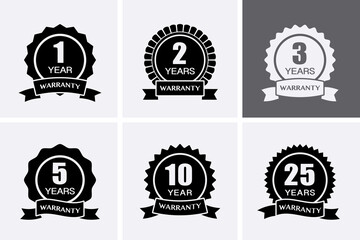 1, 2, 3, 5, 10 and 25 years Warranty Icons. Guarantee Medal.