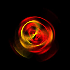 Spinning rays of light isolated on black background. Graphic 2D illustration of glowing colorful light particles in circular motion.