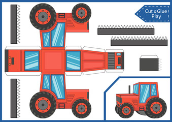 Cut and glue 3d paper tractor. Kids craft game. Children worksheet. Activity page. Vector illustration.