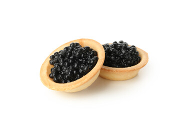 Tartlets with black caviar isolated on white background