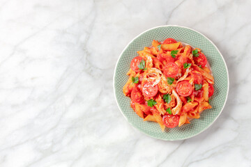 Penne pasta with chicken, tomato sauce, and fresh parsley, top shot with copyspace