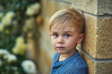 Portrait of a pensive little boy in a blue shirt on the street . Image of children .