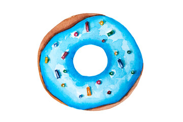 Watercolor drawing of donut with blue glaze and colorful topping isolated on the white background. Hand painted illustration of turquois donut