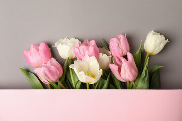Beautiful tulips and space for text on gray background