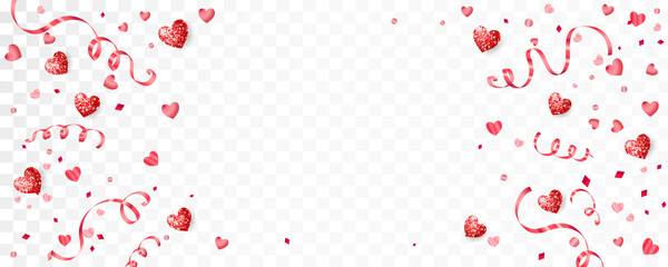 Fototapeta na wymiar Valentine's day background with red hearts. Confetti and ribbons frame, border. Glitter holiday decoration isolated on white. For wedding and mother's day banners, party posters. Vector.